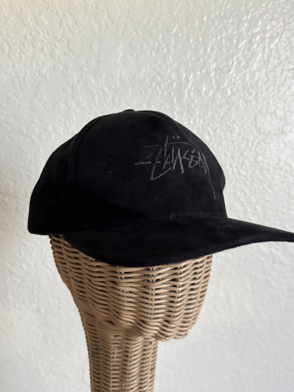 STUSSY Black Suede Logo SnapBack cap